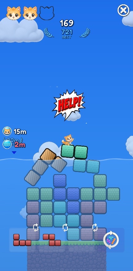 Save the Rico mini-game — stack blocks to lift the cat above the rising water