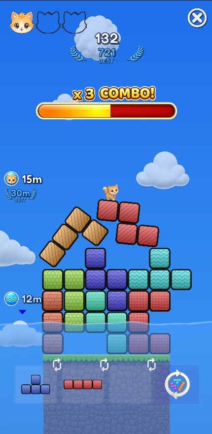 Save the Rico mini-game — a tall block tower with a combo